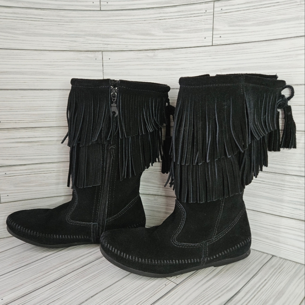 Minnetonka Black Suede Fringe Lace-Up Boots